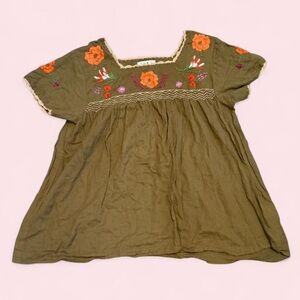 Vintage Fairycore Embroidered Olive Green Babydoll Blouse